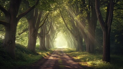  a dirt road in the middle of a forest with trees on both sides of the road and the sun shining through the trees on the other side of the road.