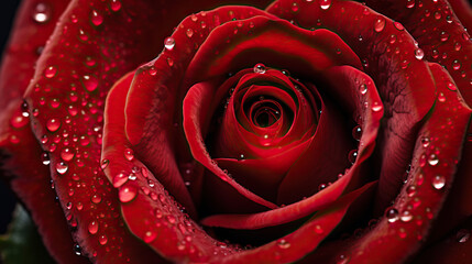 A close up of water drops on the red rose