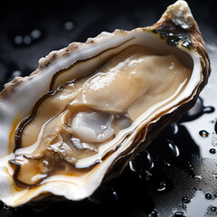 oysters with wavy splashes of water is photographed as a water splash blows over the oyster