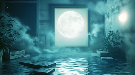 A wondrous living room with an empty canvas frame, surrounded by shimmering water and bathed in the soft light of a magical moon.
