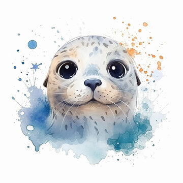 Watercolor illustration of a cute seal with splashes of blue and orange.