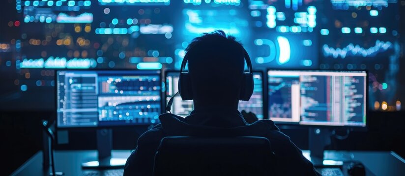 Dark place with multiple displays captures close-up of working hacker orchestrating advanced virus attack on corporate servers from the back.