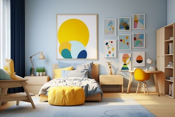 3D rendering of a kid's bedroom with a sample frame. Generative AI - obrazy, fototapety, plakaty