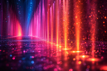 Red stage lights radiating over a glittery floor, setting a dramatic scene