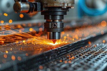 The industrial laser cutter advances with precision through the steel sheet, producing sparks in an impressive engineering display - obrazy, fototapety, plakaty