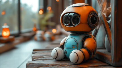 Cute little domestic robot assistant in comfortable kids' room