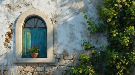  a window with a potted plant next to it on the side of a building with a blue door and window sill on the side of the building with a green door.