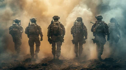 Fotobehang A squad of special ops, assaulting through the fog, with marines and navy in a private strike, meticulously planned © jechm