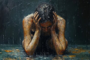 Fototapeta na wymiar Emotional Painting of a Person Clutching Head in Despair