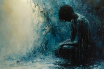 Abstract Painting of Solitary Figure in Blue Tones
