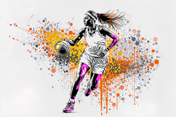 A woman basketball player dribbles a ball while wearing a white jersey. She has a ponytail and is shown from the waist up. The background is a white field with splatters of orange, pink, and gray.