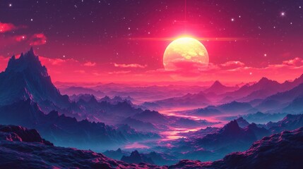 Vivid Pink Sunset over Tranquil Mountain Lake