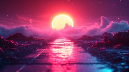 In a vapor sunset, lasers light up the night with a retro touch from the 80s, merging nostalgia with a purple future - obrazy, fototapety, plakaty
