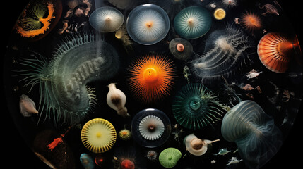Species of jellyfish and other organic creatures from the ocean isolated on a black background
