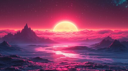 A sunset from the 80s, with vapor, neon lights, and lasers, evokes nostalgia in a purple retro-futuristic landscape with tranquil waves