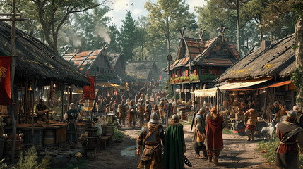 Viking village scene, with wooden houses, a blacksmith forging weapons, villagers in Viking-era attire engaging in daily activities, a market stall displaying period goods, surrounded by a dense Nordi - obrazy, fototapety, plakaty