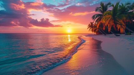 Tranquil beach scene at sunset with the silhouette of a palm tree against a vibrant sky reflecting on the water