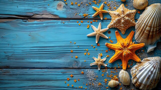 Summertime frame with seashells and starfish, a turquoise backdrop and copy space, reflecting the maritime essence of vacations