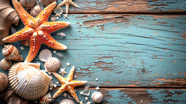 Summer frame with turquoise borders, adorned with starfish and seashells, ready for marine vacation mockups