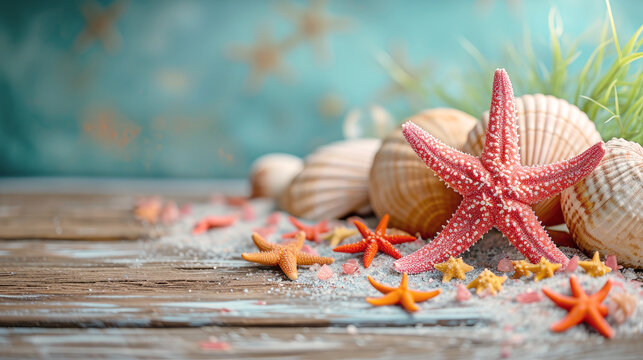 Frame border with starfish and seashells in turquoise tones, ideal for vacation mockups and summertime marine themes