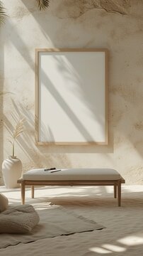 An airy beach house living room, featuring an empty canvas frame against a wall with a soft, sandy texture. The frame is illuminated by the bright, refreshing light of a sunny day.