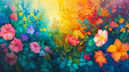Fototapeta na wymiar Colorful Flowers Painting in Field - Bright, Vibrant, Nature Artwork