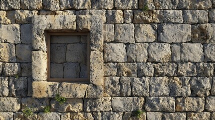  a stone wall that has a window in the middle of it and a plant growing out of the window sill in the middle of the middle of the wall.