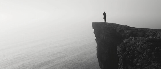 dramatic black and white image of a lone figure standing on a cliff overlooking the sea, reciting...