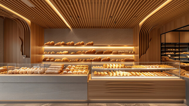 bakery with sleek design, showcasing an array of artisan breads and pastries, soft diffused lighting, a calm morning scene