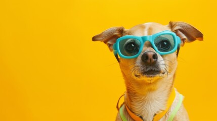 Small Dog Wearing Blue Sunglasses, Cute Pet Accessory for Protection and Style