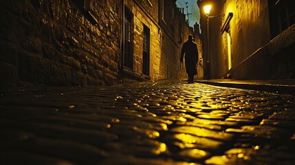 A man walks on a narrow and stony street