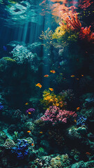 spectacular metaphysical oceanic scenery colorful underwater - obrazy, fototapety, plakaty