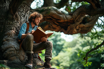 poet in a thoughtful pose, writing in a leather-bound notebook, under the canopy of a large, ancient tree in a lush, tranquil forest, symbolizing creativity and connection with nature