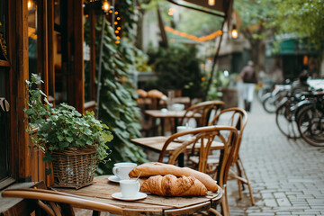 Fototapeta na wymiar quaint bakery café with outdoor seating, fresh baguettes and croissants on the tables, greenery around, a relaxed afternoon setting