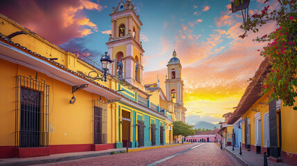 Naklejka premium Spanish colonial cathedral with colorful tiles and ornate bell towers, set against a dramatic sunset sky in a historic Latin American city
