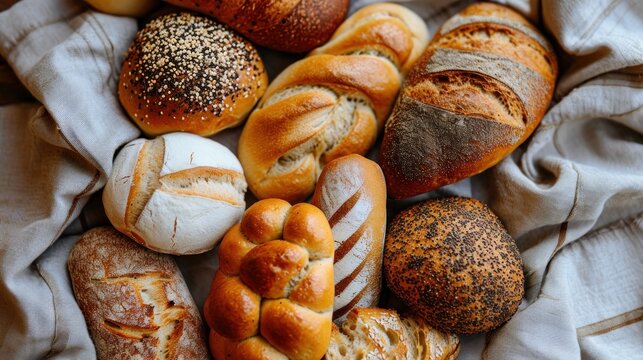  a bunch of different types of breads on a white cloth with a white cloth on the side of the picture and a bunch of different types of breads on the side.