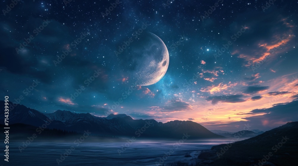 Wall mural a view of a mountain range with a moon in the sky and a distant mountain range in the foreground wit