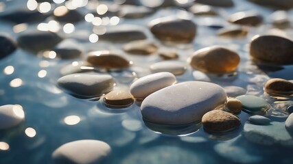 Fototapeta na wymiar White stones with sun lights shadow in clear ripple water. Sea stones in the sea water. Pebbles under water. top view. abstract spa background concept banner for cosmetic care product.Ai generative
