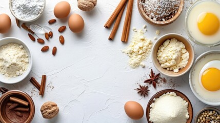 Baking ingredients and utensils for cake decorating on a white surface, showcasing the art of baking