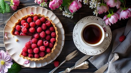 Obraz na płótnie Canvas a raspberry tart on a plate next to a cup of tea and a plate with a piece of raspberry tart on it and flowers.