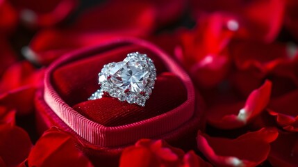 Diamond Ring on Red Velvet Box - Beautiful, Elegant, Precious Engagement Ring