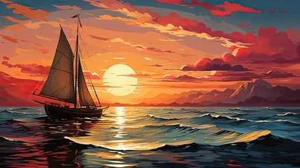 Fotobehang Beautiful sailboat sailing on the calm ocean waters, illuminated by the warm hues of a breathtaking sunset © YULIA