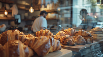 bakery in Paris with freshly baked croissants displayed in the window, bakers working in the background, morning sunlight streaming through, a vintage aesthetic