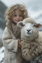 Little Boy Holding Sheep in Snow. Heartwarming Winter Bond. A heartwarming moment captured as a little boy tenderly holds a sheep amidst a snowy landscape.