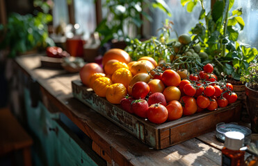 Assorted Fruits and Vegetables on Wooden Table. A variety of fresh and colorful fruits and vegetables placed on a wooden table.