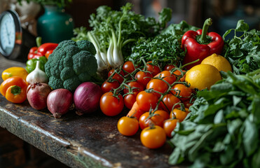 Variety of Fresh Vegetables Displayed on a Tabletop. A table covered with a colorful assortment of different types of fresh vegetables.