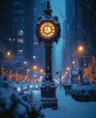 Clock in the Middle of Snowy Street Tells the Time in Winter Wonderland. Amidst the snow-covered scenery, a clock in the middle of a street shows the time in the picturesque winter setting.