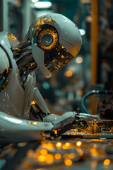 Robot Working on Machinery. Efficient Automation in Action. Witness the efficiency of automation as a robot diligently works on a piece of machinery. - obrazy, fototapety, plakaty