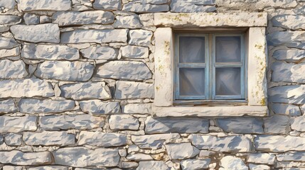  a stone building with a window and a cat sitting on the ledge of the window sill looking out at the view of the outside of the building through the window.
