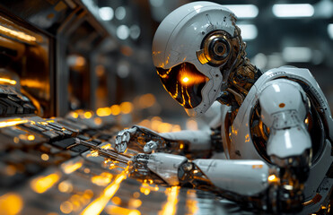 Fototapeta premium Robot Gazing Into the Distance. Observing Something Far Away. A robot stands still, its gaze focused on an object in the distance.